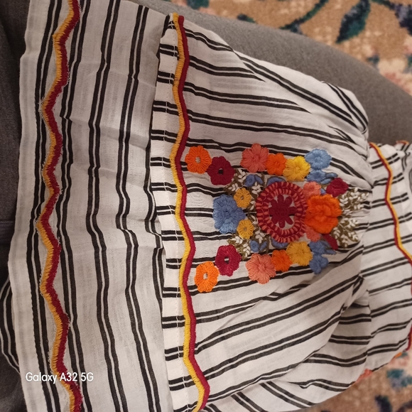 Off the Shoulder Top Embroidered Striped CROP TOP Elastic Waistline - Picture 11 of 12